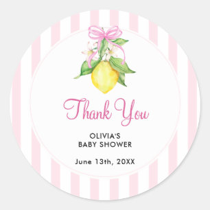 Pegatina Redonda Agradecimiento de Baby Shower Coquette Limón Rosa