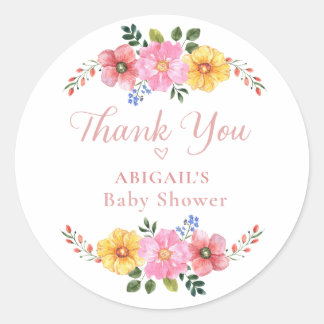 Pegatina Redonda Agradecimiento de Baby Shower de Acuarela Flor Sil