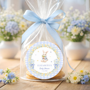 Pegatina Redonda Agradecimiento de Baby Shower de Conejo Azul Gingh