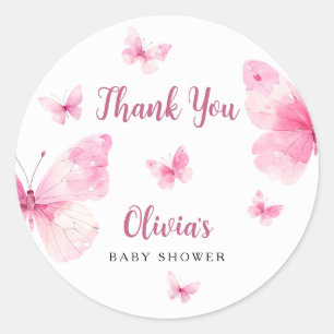 Pegatina Redonda Agradecimiento de Baby Shower de Mariposa Rosa