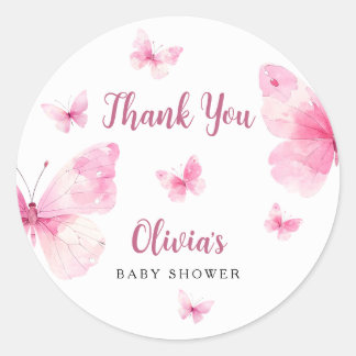 Pegatina Redonda Agradecimiento de Baby Shower de Mariposa Rosa