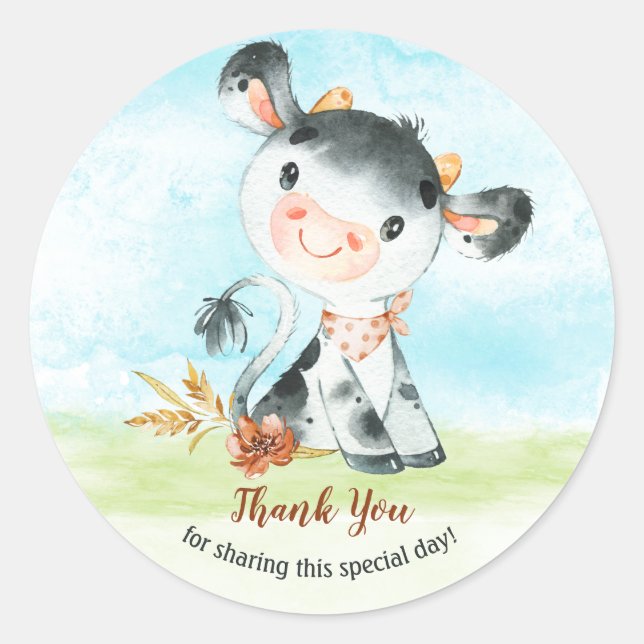Pegatina Redonda Agradecimiento de Baby Shower de vaca acuarela (Anverso)