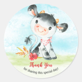 Pegatina Redonda Agradecimiento de Baby Shower de vaca acuarela