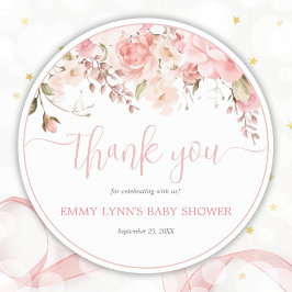 Pegatina Redonda Agradecimiento de baby shower en guión rosa rubor