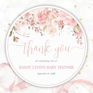 Pegatina Redonda Agradecimiento de baby shower en guión rosa rubor