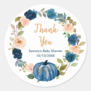 Pegatina Redonda Agradecimiento de Baby Shower Floral Calabaza Azul