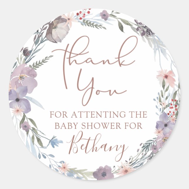 Pegatina Redonda Agradecimiento de baby shower floral en acuarela p (Anverso)