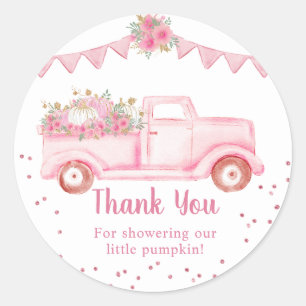 Pegatina Redonda Agradecimiento de Baby Shower Pink Little Pumpkin