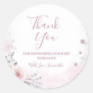 Pegatina Redonda Agradecimiento de Baby Shower Trineo Copo de Nieve