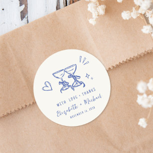 Pegatina Redonda Agradecimiento de Boda Azul Crema Caprichoso Dibuj