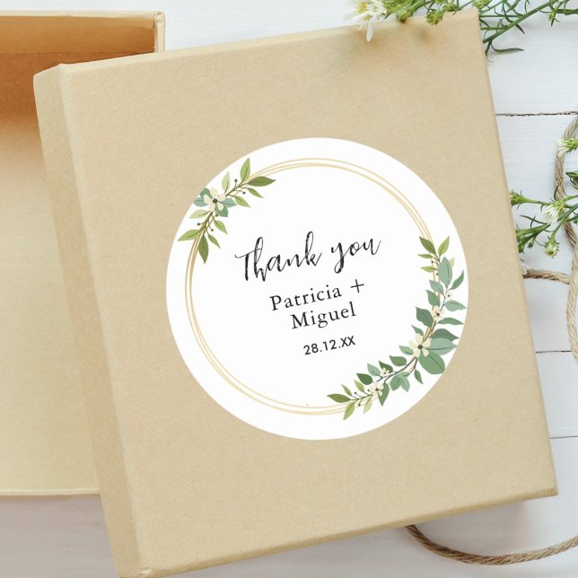 Pegatina Redonda Agradecimiento de Boda con Flores Silvestres Rústi (Rustic wildflower sticker adds green foliage charm to wedding thank you favors.)