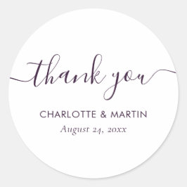 Pegatina Redonda Agradecimiento de boda con letra moderna morada