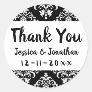 Pegatina Redonda Agradecimiento de Boda Damask Vintage Negro & Blan