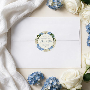Pegatina Redonda Agradecimiento de boda de Hortensia Azul Rosa Blan