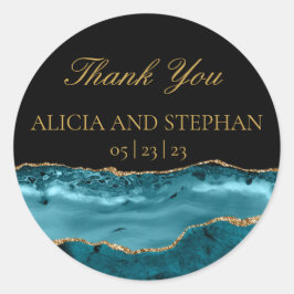 Pegatina Redonda Agradecimiento de boda de oro verde azulado