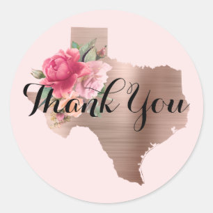 Pegatina Redonda Agradecimiento de boda de Texas en rosa oro floral