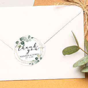 Pegatina Redonda Agradecimiento de boda de verde eucalipto dorado