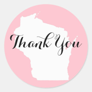 Pegatina Redonda Agradecimiento de boda de Wisconsin rosa blanco y