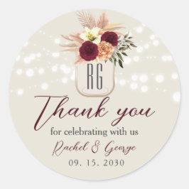 Pegatina Redonda Agradecimiento de Boda Floral Rústico Boho