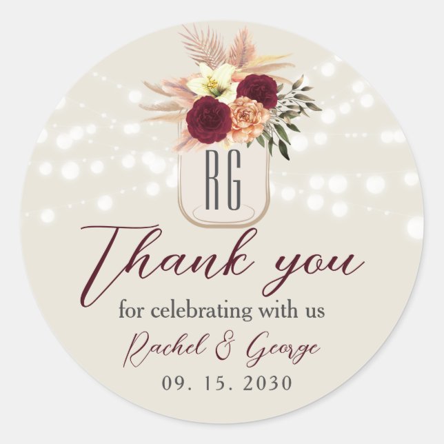 Pegatina Redonda Agradecimiento de Boda Floral Rústico Boho (Anverso)
