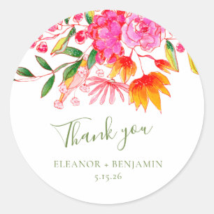 Pegatina Redonda Agradecimiento de boda personalizado floral acuare