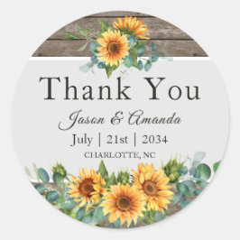 Pegatina Redonda Agradecimiento de boda rústico de girasoles eucali
