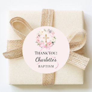 Pegatina Redonda Agradecimiento de cruz de florales de niña rosa de