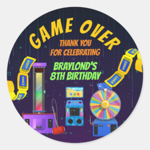 Pegatina Redonda Agradecimiento de cumpleaños de juegos y arcade