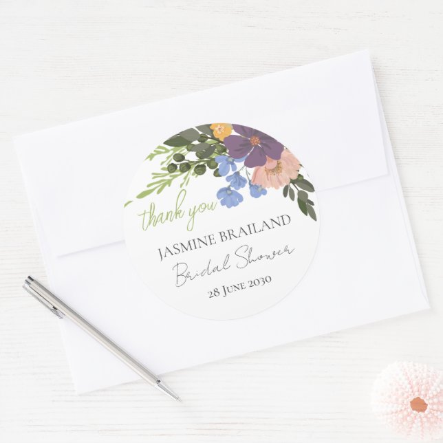 Pegatina Redonda Agradecimiento de Desayuno Nupcial Floral Púrpura  (Sobre)