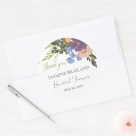 Pegatina Redonda Agradecimiento de Desayuno Nupcial Floral Púrpura 