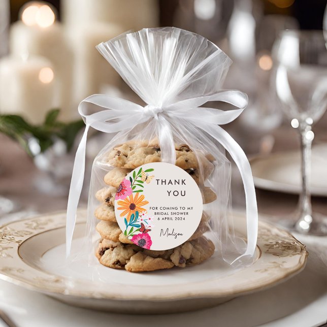 Pegatina Redonda Agradecimiento de Despedida de Soltera con Flor Si (Bright Pink Wildflower Bridal Shower Thank You Classic Round Sticker)