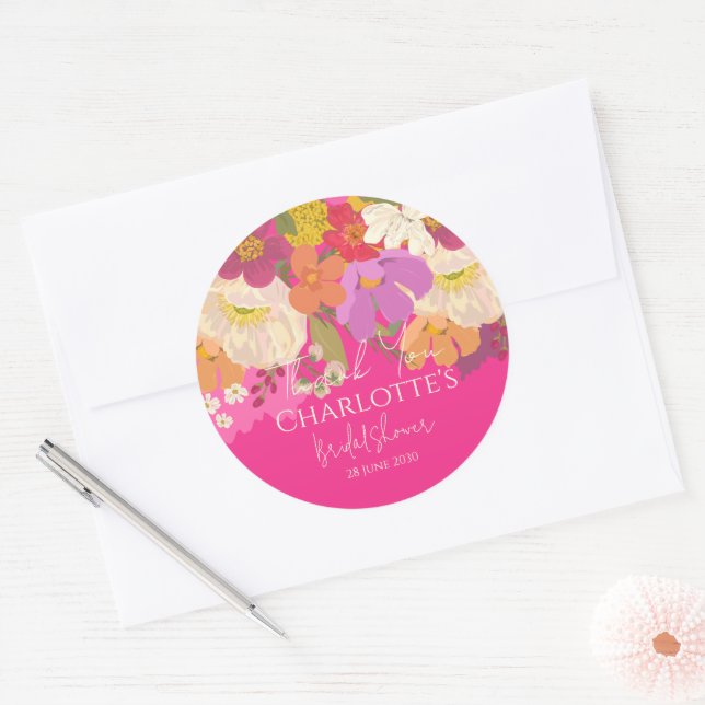 Pegatina Redonda Agradecimiento de Despedida de Soltera Floral Rosa (Sobre)