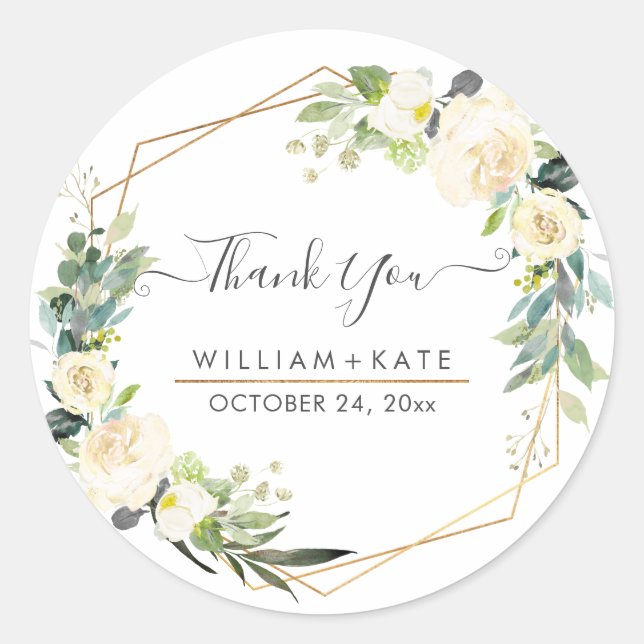 Pegatina Redonda Agradecimiento de Rosas Crema Marfil Acuarela Rúst (Anverso)