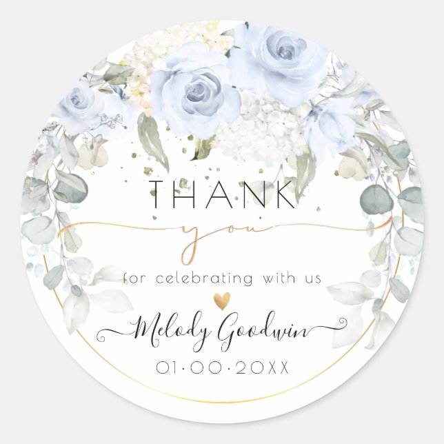 Pegatina Redonda Agradecimiento de rosas elegantes acuarela azul po (Anverso)