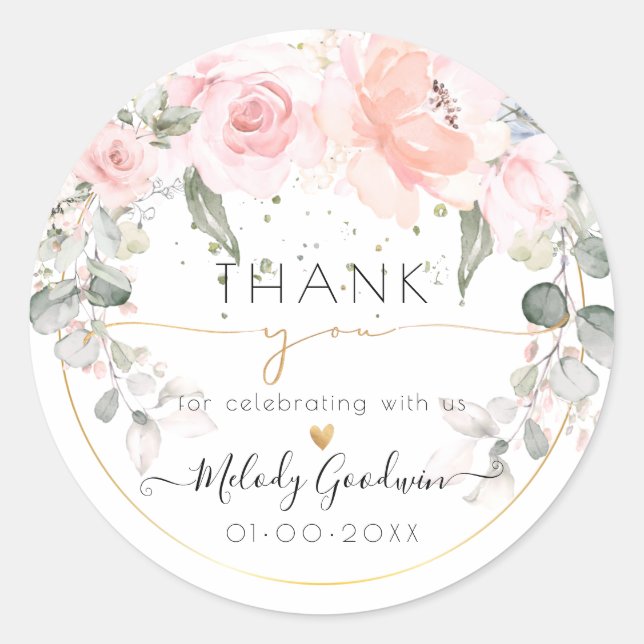 Pegatina Redonda Agradecimiento de Rosas Rosadas en Acuarela Elegan (Anverso)