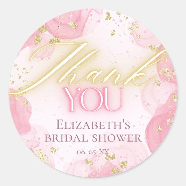 Pegatina Redonda Agradecimiento elegante con acuarela rosa y brillo (Anverso)
