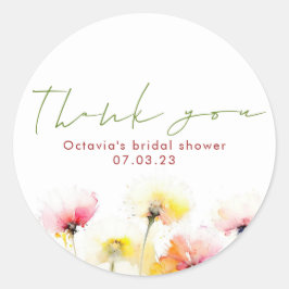 Pegatina Redonda Agradecimiento Elegante Lindo Flores Acuarela