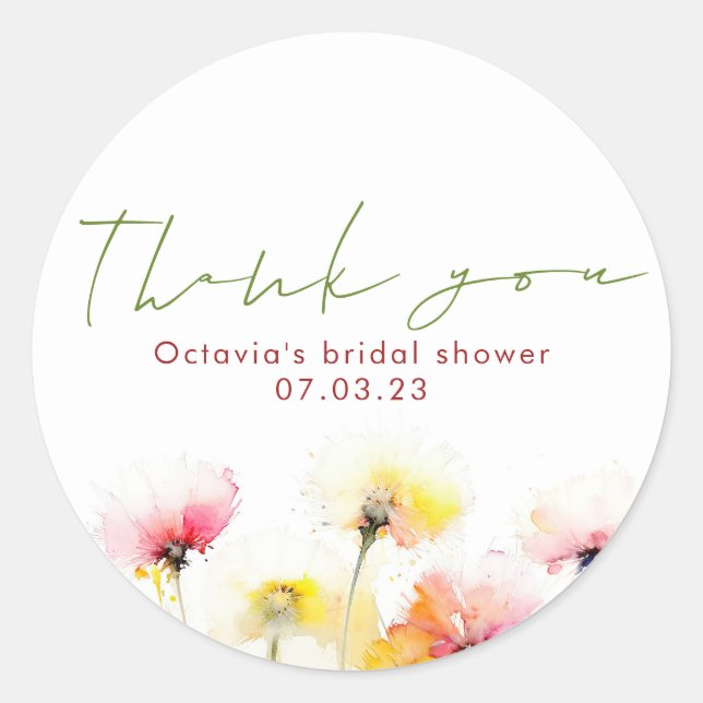 Pegatina Redonda Agradecimiento Elegante y Lindo de Acuarela de Flo (Anverso)