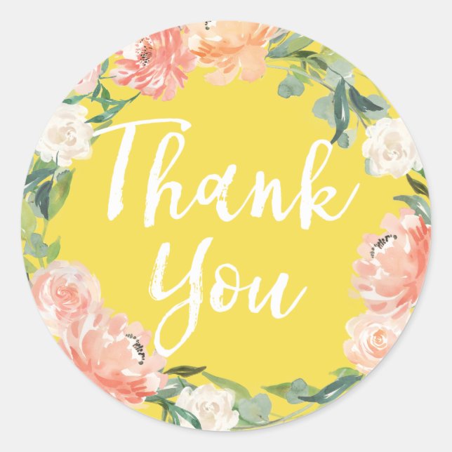 Pegatina Redonda Agradecimiento Floral Acuarela Amarillo Tono Prima (Anverso)