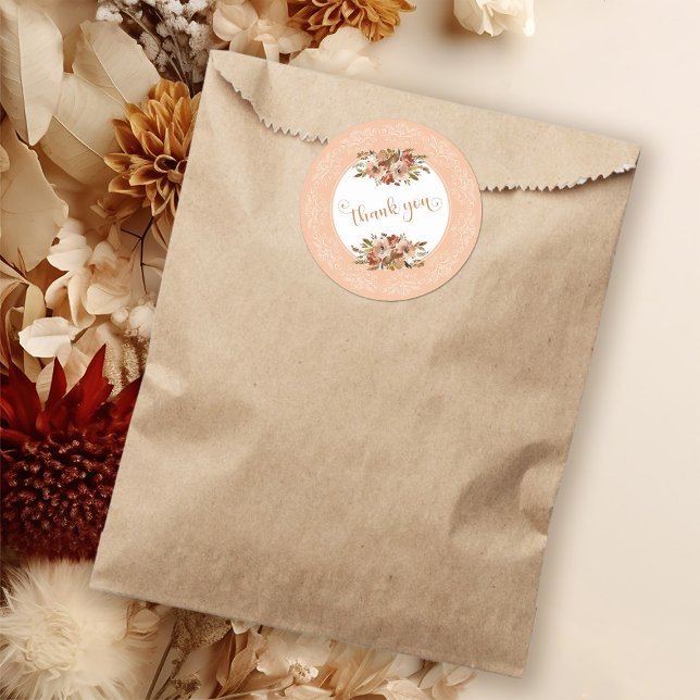 Pegatina Redonda Agradecimiento Floral Acuarela Melocotón (Peach Watercolor Floral Thank You Classic Round Sticker)