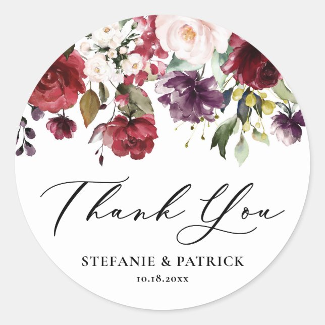 Pegatina Redonda Agradecimiento floral acuarela rojo y púrpura Grac (Anverso)