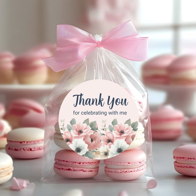 Pegatina Redonda Agradecimiento Floral Acuarela Rosa Blanco (Pink and white floral birthday party favor bag "Thank You" sticker)