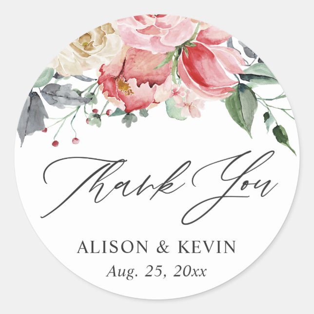 Pegatina Redonda Agradecimiento floral de rosa crema en acuarela (Anverso)