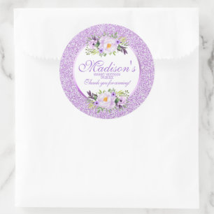 Pegatina Redonda Agradecimiento Glitter Morado Floral Dulce 16 de M