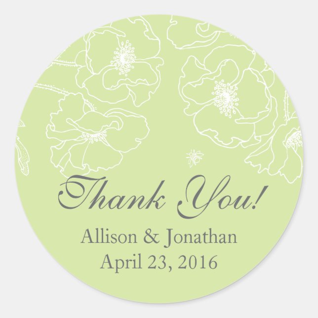 Pegatina Redonda Agradecimiento Green Poppy Floral Gracias Boda (Anverso)