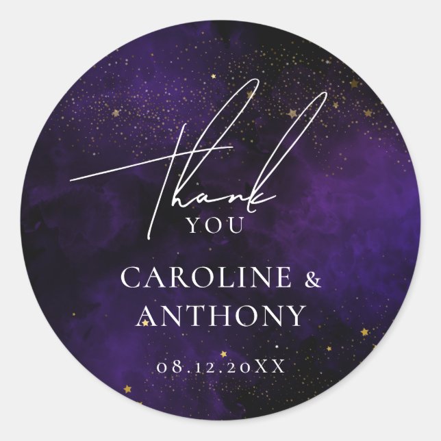 Pegatina Redonda Agradecimiento mágico dorado de acuarela púrpura o (Anverso)