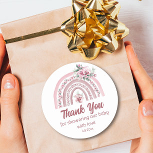 Pegatina Redonda Agradecimiento para Baby Shower Boho Rosa Floral A