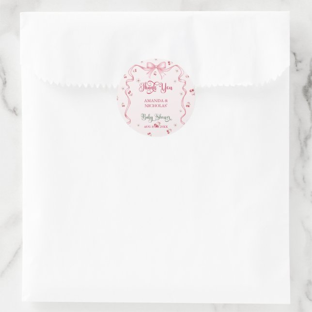 Pegatina Redonda Agradecimiento para Baby Shower Cherry Bow (Bolso)