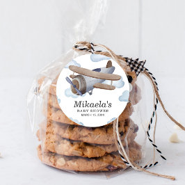 Pegatina Redonda Agradecimiento para Baby Shower de Avión Vintage A