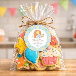 Pegatina Redonda Agradecimiento para Baby Shower de Elefante Azul